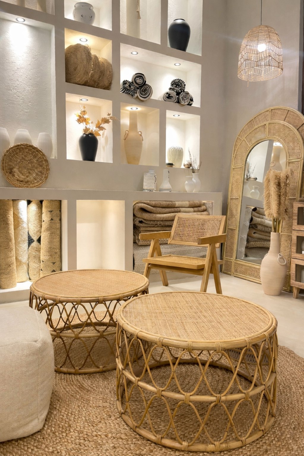 PITTA natural decor showroom with handcrafted rattan coffee tables, woven baskets, ceramic vases, and wooden furniture on jute rug